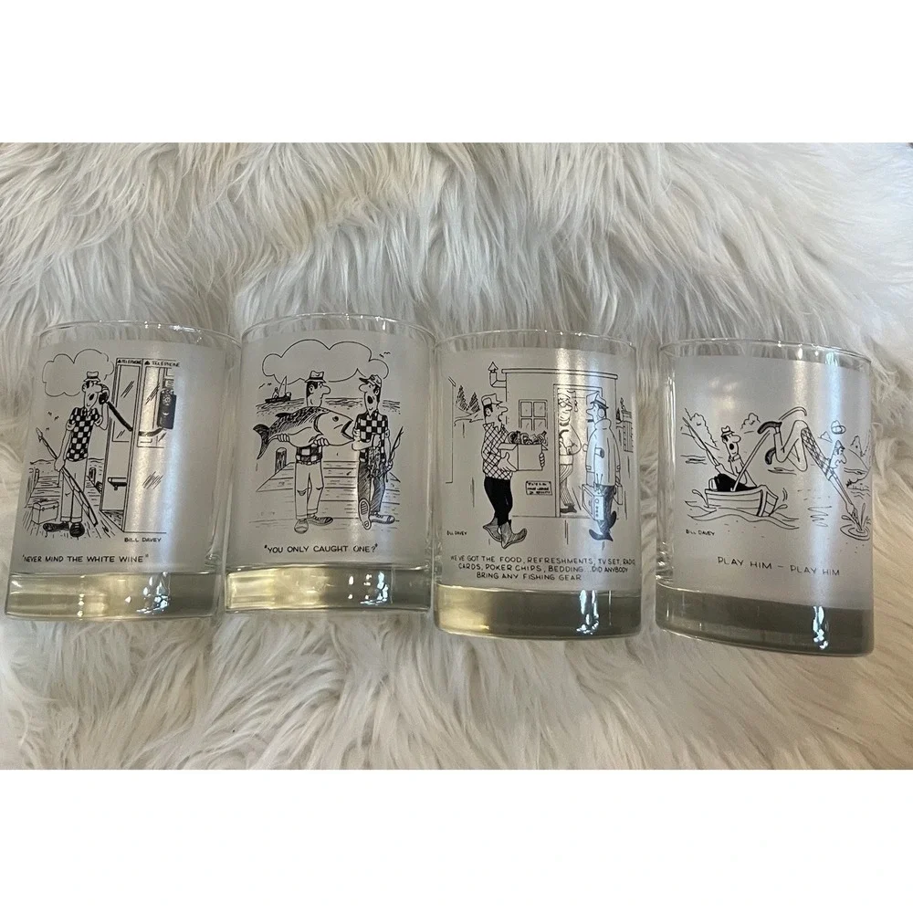 Vintage Bill Davey Fishing Cartoon Frosted Rocks Glasses Set of 4 Mid Century